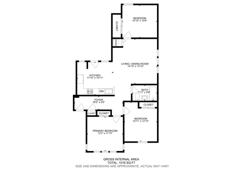Floor plan for 3 beds, 1 bath, 1016 sqft